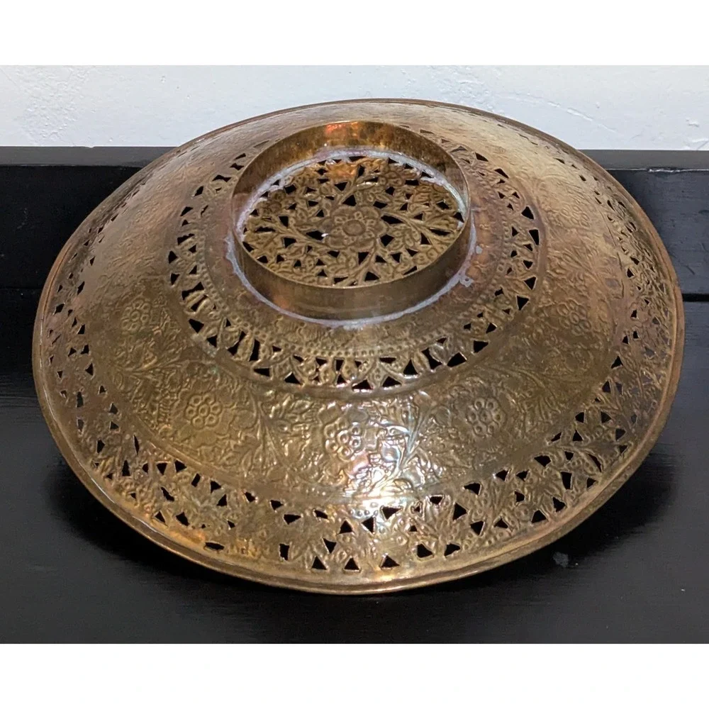 Vintage Pierced Brass Bowl With a Floral and‎ Berries Pattern 11